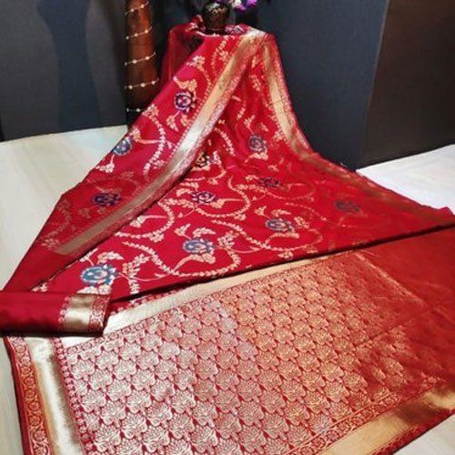 Red 6.3M Fancy Handloom Cotton Saree With Blouse Piece