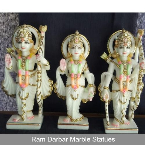 Ram Darbar Marble Statue - Standing White, Gold Plated | Durable, Eco-Friendly, Easy to Clean, Religious Theme