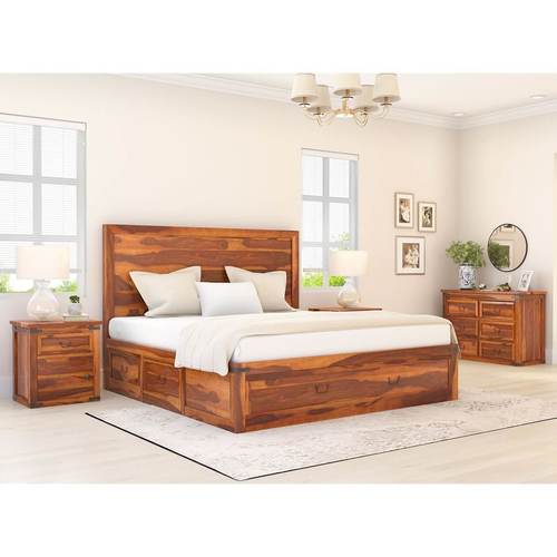 Teak Color Wooden Bed - Artwork: Handmade