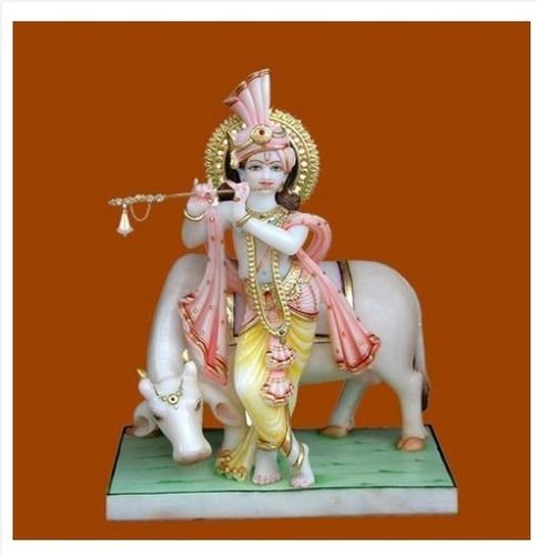 Color Coated Krishna With Cow Marble Statue