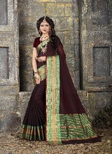 Various Colors  Are Available Brown Colour Cotton Silk Woven Work Saree