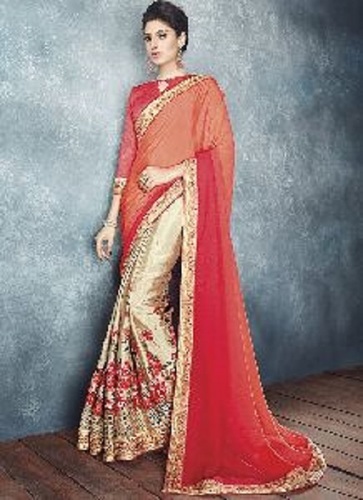 Various Colors  Are Available Pink And Golden Colour Chiffon Embroidered Saree