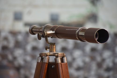 Antique Brass Telescope with Brown Leather & Wooden Stand