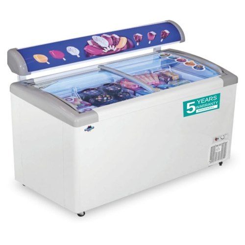 White Curved Glass Eutectic Freezer With Led 450 Liters Inbuilt Single Sliding Door