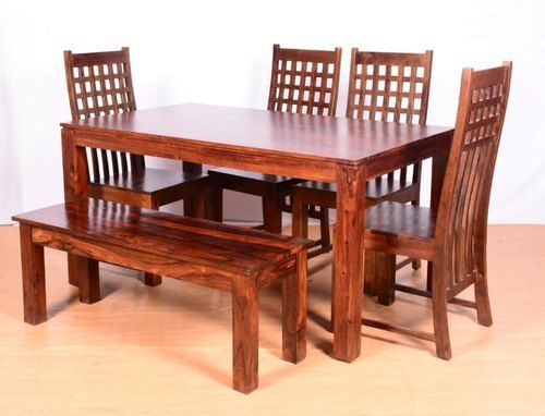 Sheesham Wood Dining Table Set - 145x90 cm, Natural Rectangular Design with 1 Table, 4 Chairs, and 1 Bench | Ethnic Indoor Furniture, Non-Foldable, Polished Finish, 6 Seater, Warranty Included