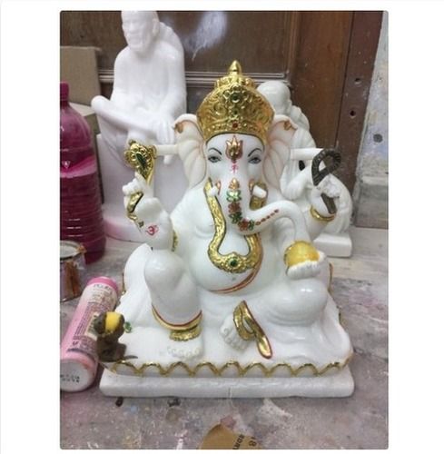 Durable White And Golden Marble Ganpati Statue