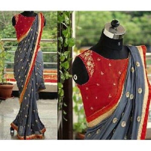 Various Colors  Are Available Grey Red Embroidered Sarees