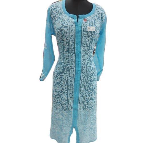 Various Colors Are Available Chiffon Front Open Embroidered Long Kurtis