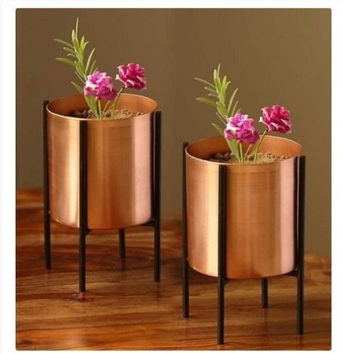 Golden Copper Cylindrical Table Planter With Crossed Stand Set Of 2