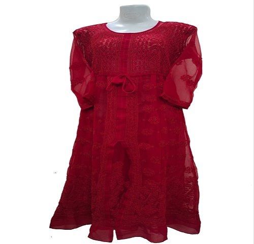 Designer Ladies Red Georgette Chikan Kurti