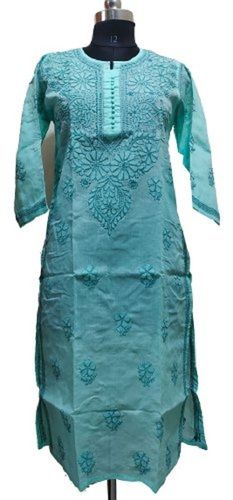 Various Colors Are Available Designer Sky Blue Cotton Chikan Kurti