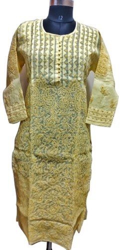 Fancy Yellow Cotton Chikan Kurti