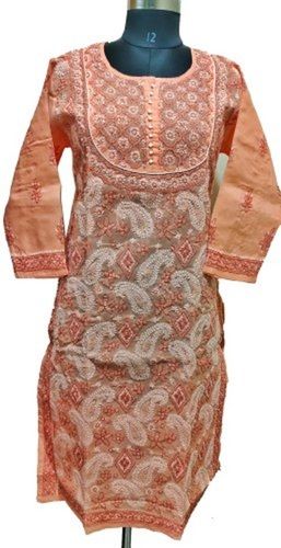 Ladies Cotton Orange Chikankari Kurti 