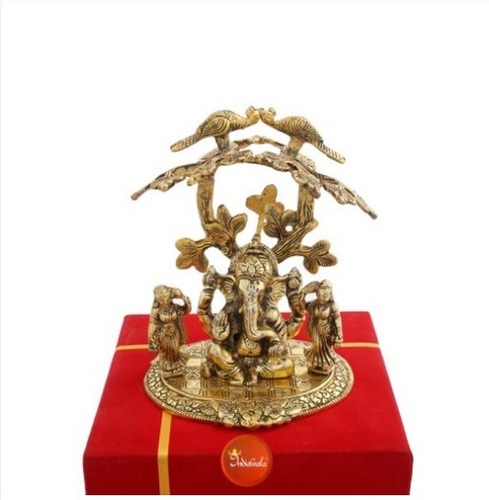 Lord Ganesh With Riddhi Siddhi Statue - Metal, Approx. 725 g, Golden Color | Durable, Eco-Friendly, Indian Religious Style