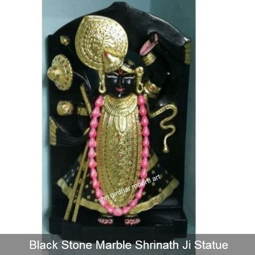 Shrinath Ji Standing Black & Golden Marble Statue - Glossy Finish, Eco-Friendly & Easy to Clean Design