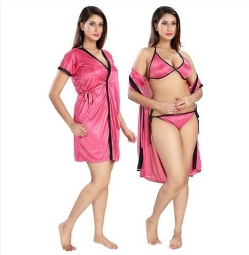 Romaisa Women`s Satin Nightwear Set of 4 Pcs Nighty, Wrap Gown, Bra & Thong  (Size - Small, Medium, Large) (Pack of 4) COLOUR : CORAL PINK