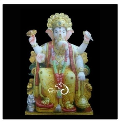 Makrana Marble Multicolour Chowki Ganesh Statue