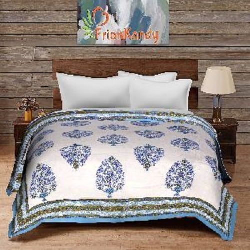 Blue Machine Quilted Reversible Block Print Floral Motifs Blanket Age Group: Babies