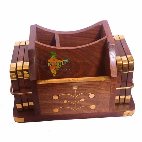 Wood Wooden Tea Coaster Cum Pen And Mobile Holder