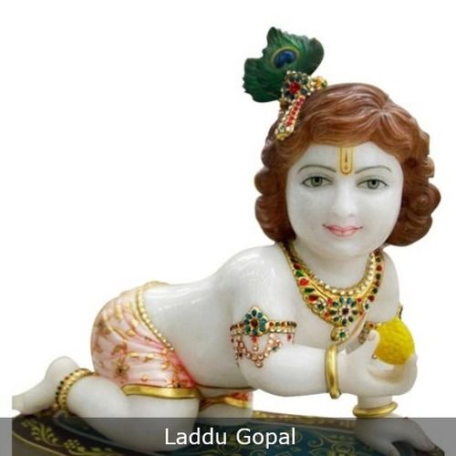 Laddu Gopal Marble Statue - Glossy White Finish, Gold Plated | Eco-Friendly, Durable, Easy To Clean, Hindu Religious Theme