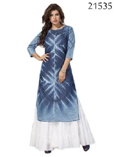 Various Colors Are Available Printed Design Denim Kurtis