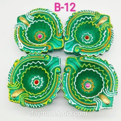 Green Color Traditional Decorative Clay Diwali Diya