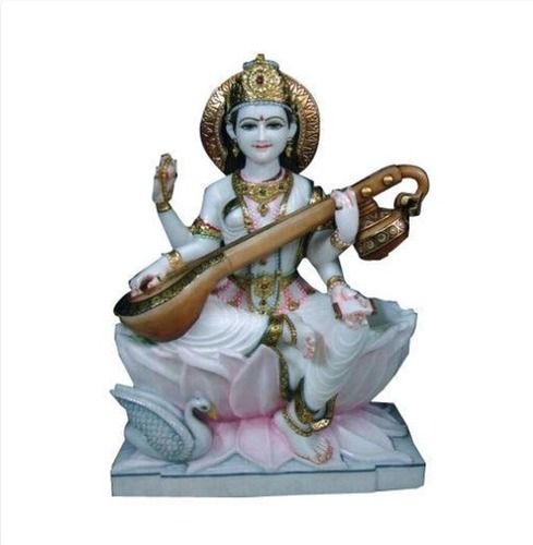 White and Golden Maa Saraswati Marble Statue