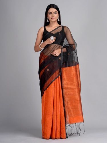 Safron And Black Bengal Handloom Matka Muslin Saree