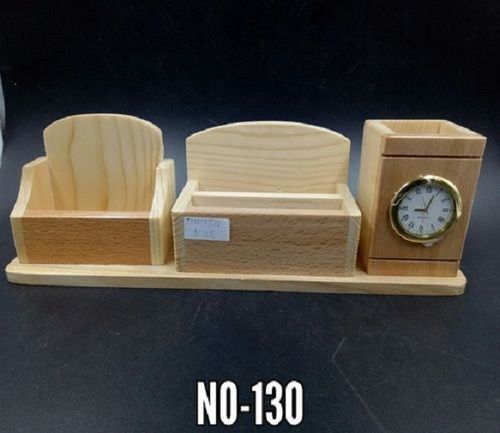 Polished Wooden Pen Stand Cum Visiting Card Holder With Clock