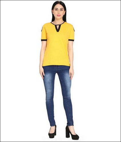 Cotton Yellow Ladies V Neck T Shirt