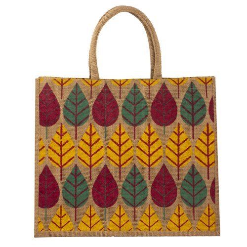 Multicolor Leaf Printed Jute Shopping Bag