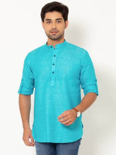 Various Colors Are Available Men Aqua Turquoise Full Sleeves Linen Short Kurta