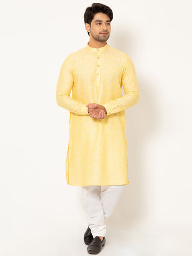 Various Colors Are Available Men Light Canary Yellow Linen Long Kurta