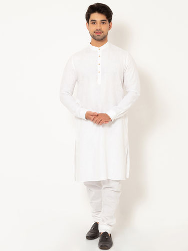 Various Colors Are Available Men Milky White Linen Long Kurta