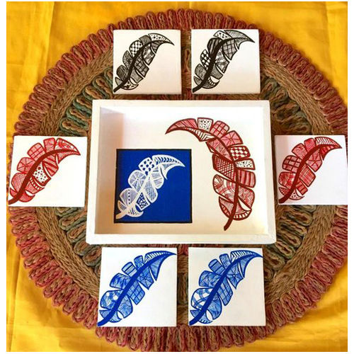 Feather Design Handmade Wooden Tray With Tea Coasters