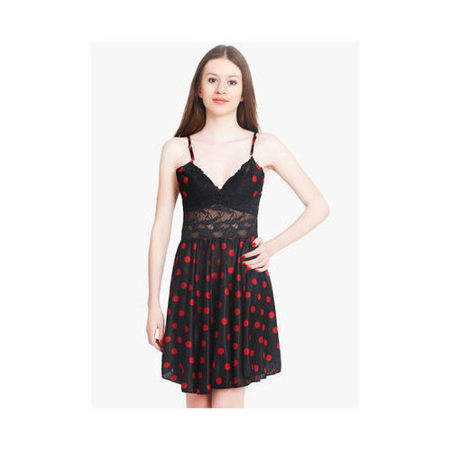 Printed Ladies Black Satin Baby Doll Night Dress