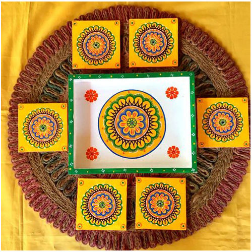 Rangoli Design Wooden Tray With Tea Coasters