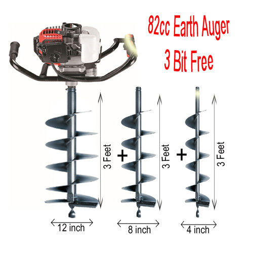 Krishitool 82CC Earth Auger - Metal, Maximum Depth 3 Feet, Red | 3 Free Drill Bits, 5.5 HP Air Cooled Engine, Easy One-Man Operation