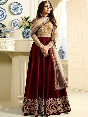 Maroon Party Wear Malbary Silk Sequence Codding Work Long Anarkali Suit For Women