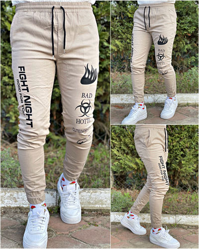 Breathable Nohow Men'S Jogger Trousers Printed Elasticated Leg Beige