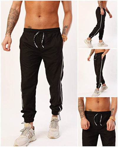 Washable Nohow Men'S Jogger Trousers Striped Hem Elastic Black