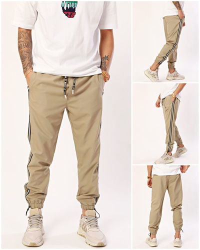 Nohow Men's Jogger Trousers Striped Hem Elasticated Beige