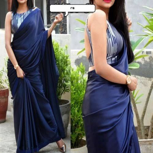 Party Wear Blue Plain Silk Saree