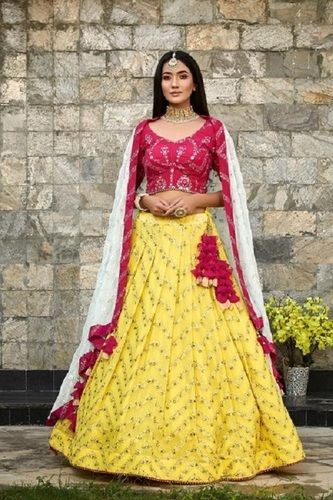 Buy Buy Apparel Designer Yellow Colour Net Embroidered Lehenga Choli with  Pink Dupatta at Amazon.in