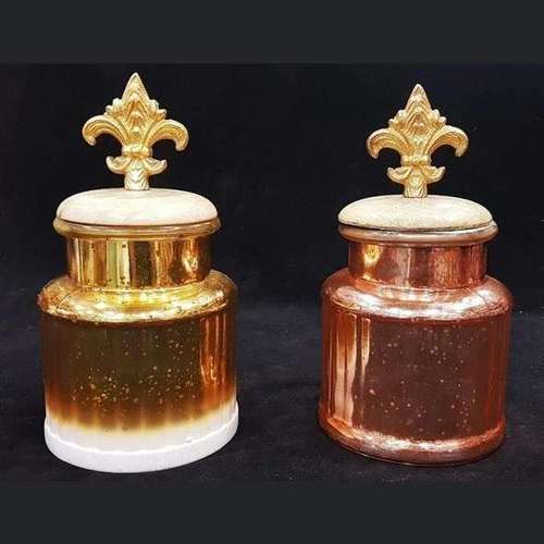 Golden Saa Decorative Medium Glass Storage Jar With Wooden Lid And Mercury Finished For Home And Decor