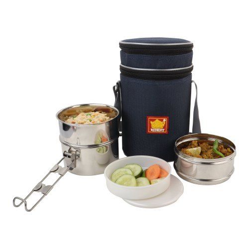 Silver Lunch Box Bag With 3 Layer Stainless Steel Carrier Tiffin