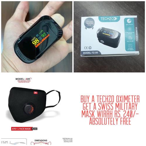 Plastic Techzo Oximeter And Swiss Military Mask Combo