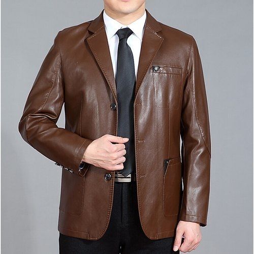 Brown Men Leather Formal Coat