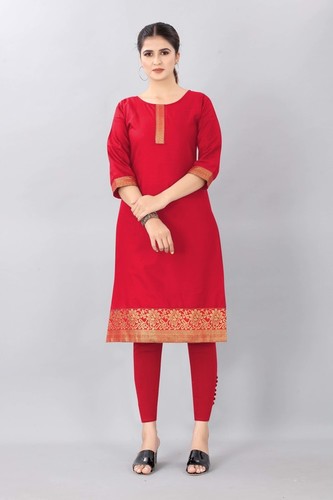 Ladies Casual Red Kurtis - PC Cotton Jacquard Fabric, Size M-38 to XXL-44, 42 Inch Length, 3/4 Sleeve, 10 Color Options | Washable, Plain Dyed Design