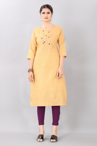 Yellow Ladies Designer Kurti With Embroidered And Mirror Work